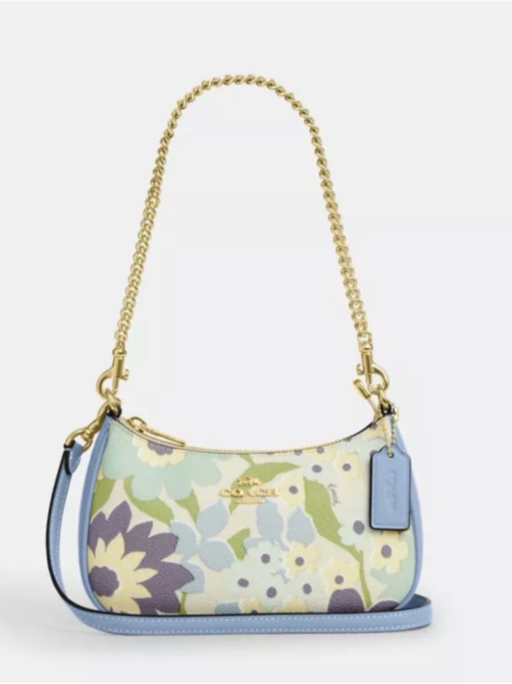 🩵Coach NWT Blue Teri Mini Shoulder Bag with Floral Print/ Gold Chain & Hardware - Picture 1 of 10